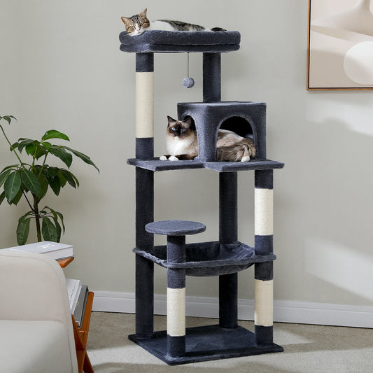 Cat Tree Tower with Hammock, Scratching Posts & Toy Mice – Gray, Beige, Dark Gray, Black
