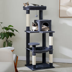 Cat Tree Tower with Hammock, Scratching Posts & Toy Mice – Gray, Beige, Dark Gray, Black