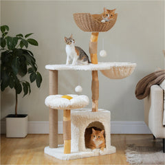 Modern Solid Wood Cat Tree Tower – Luxury Indoor Cat Condo with Cozy Hammock, Flower Bed, Scratching Post & Interactive Cat Toys