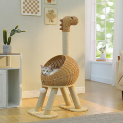 Dinosaur Cat Tree Tower with Sisal Scratching Post – Large Rattan Cat Condo with Wicker Bed, Removable Mat & Interactive Cat