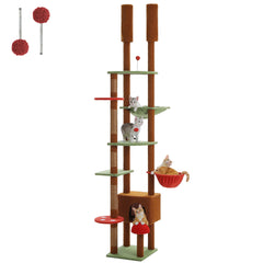 Floor-to-Ceiling Cat Tree Tower – Adjustable Height with Cozy Condo, Hammock & Scratching Posts, Tall Activity Center (Brown)