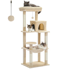 Cat Tree Tower with Hammock, Scratching Posts & Toy Mice – Gray, Beige, Dark Gray, Black