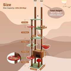 Floor-to-Ceiling Cat Tree Tower – Adjustable Height with Cozy Condo, Hammock & Scratching Posts, Tall Activity Center (Brown)