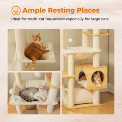 Floor-to-Ceiling Adjustable Wooden Cat Tree Tower with Hammock & Condo – Heavy-Duty Sisal Scratching Posts