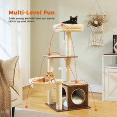 Modern Multi-Level Wooden Cat Tree – Cozy Condo, Hammock & Sisal Scratching Posts for Indoor Cats