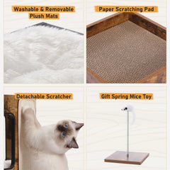 Modern Wooden Cat Condo House with Removable Soft Mats – Cat Tree Tower with Scratching Pad, Cozy Bed & Interactive Kitten Toys
