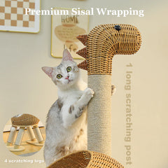 Dinosaur Cat Tree Tower with Sisal Scratching Post – Large Rattan Cat Condo with Wicker Bed, Removable Mat & Interactive Cat