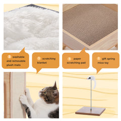 Modern Wooden Cat Condo House with Removable Soft Mats – Cat Tree Tower with Scratching Pad, Cozy Bed & Interactive Kitten Toys