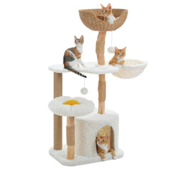 Modern Solid Wood Cat Tree Tower – Luxury Indoor Cat Condo with Cozy Hammock, Flower Bed, Scratching Post & Interactive Cat Toys
