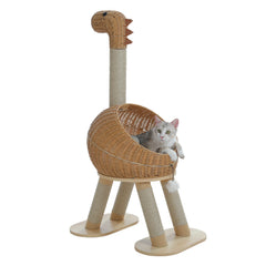 Dinosaur Cat Tree Tower with Sisal Scratching Post – Large Rattan Cat Condo with Wicker Bed, Removable Mat & Interactive Cat