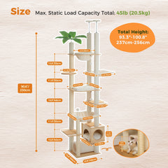 Floor-to-Ceiling Adjustable Wooden Cat Tree Tower with Hammock & Condo – Heavy-Duty Sisal Scratching Posts