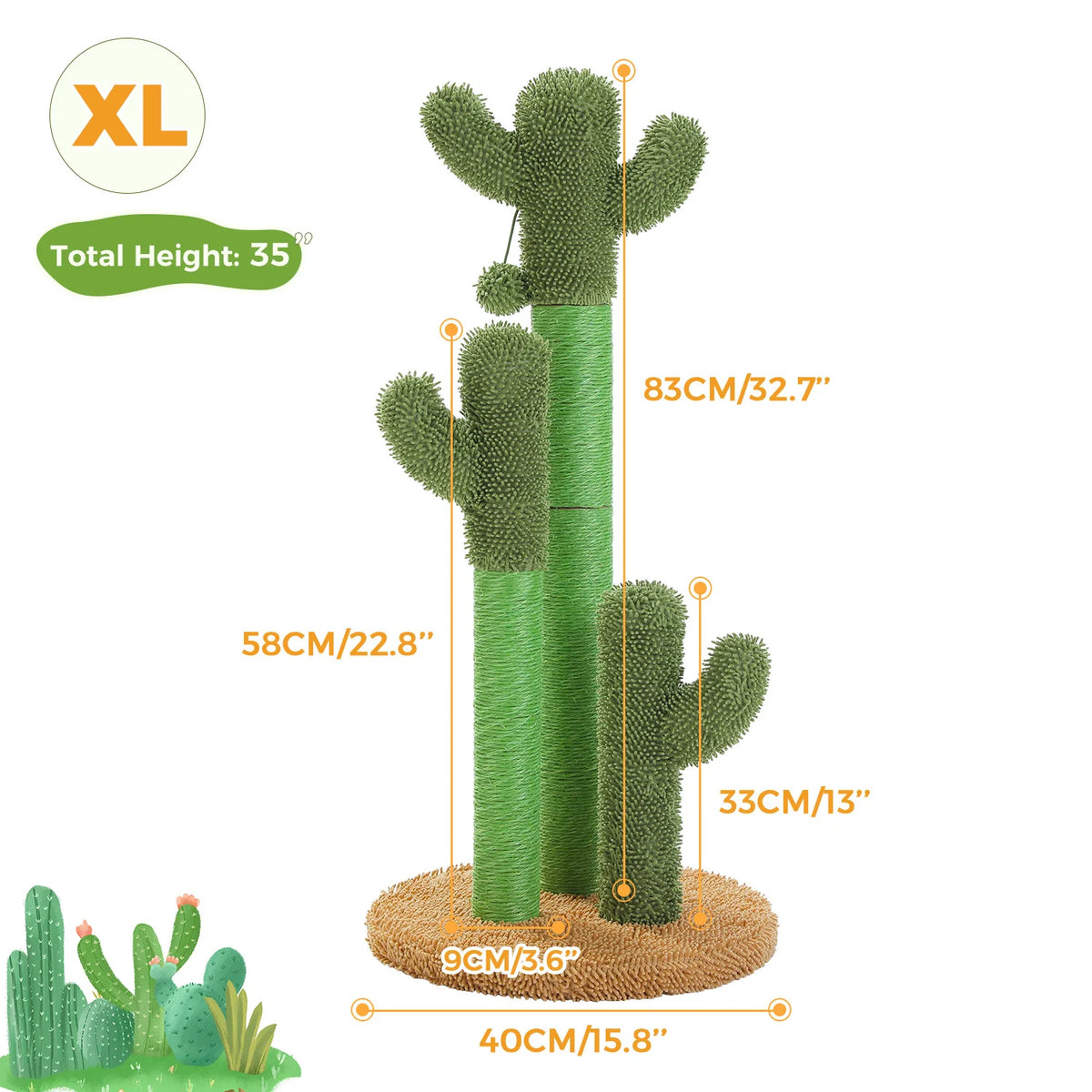 Cactus Cat Scratching Post – Tall Indoor Cat Scratcher with 3 Sisal Poles & Interactive Dangling Ball Toys