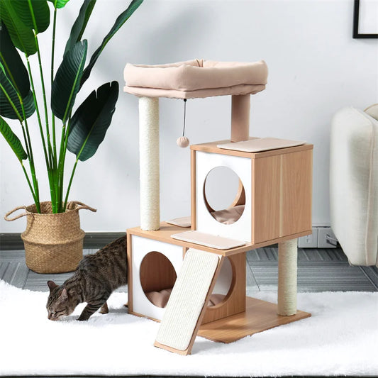 130CM Large Wooden Cat Tree – Double Condos, Hammock & Sisal Posts