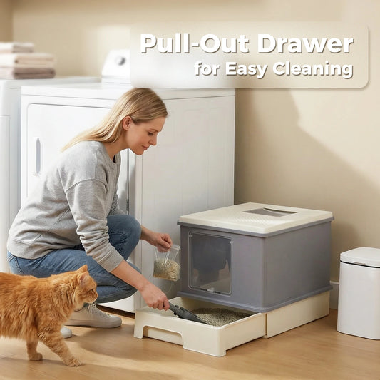 Enclosed Cat Litter Box with Lid & Scoop – Large Indoor Cat Toilet with Pull-Out Drawer, Top Exit Design & Anti-Tracking System