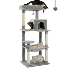 Cat Tree Tower with Hammock, Scratching Posts & Toy Mice – Gray, Beige, Dark Gray, Black